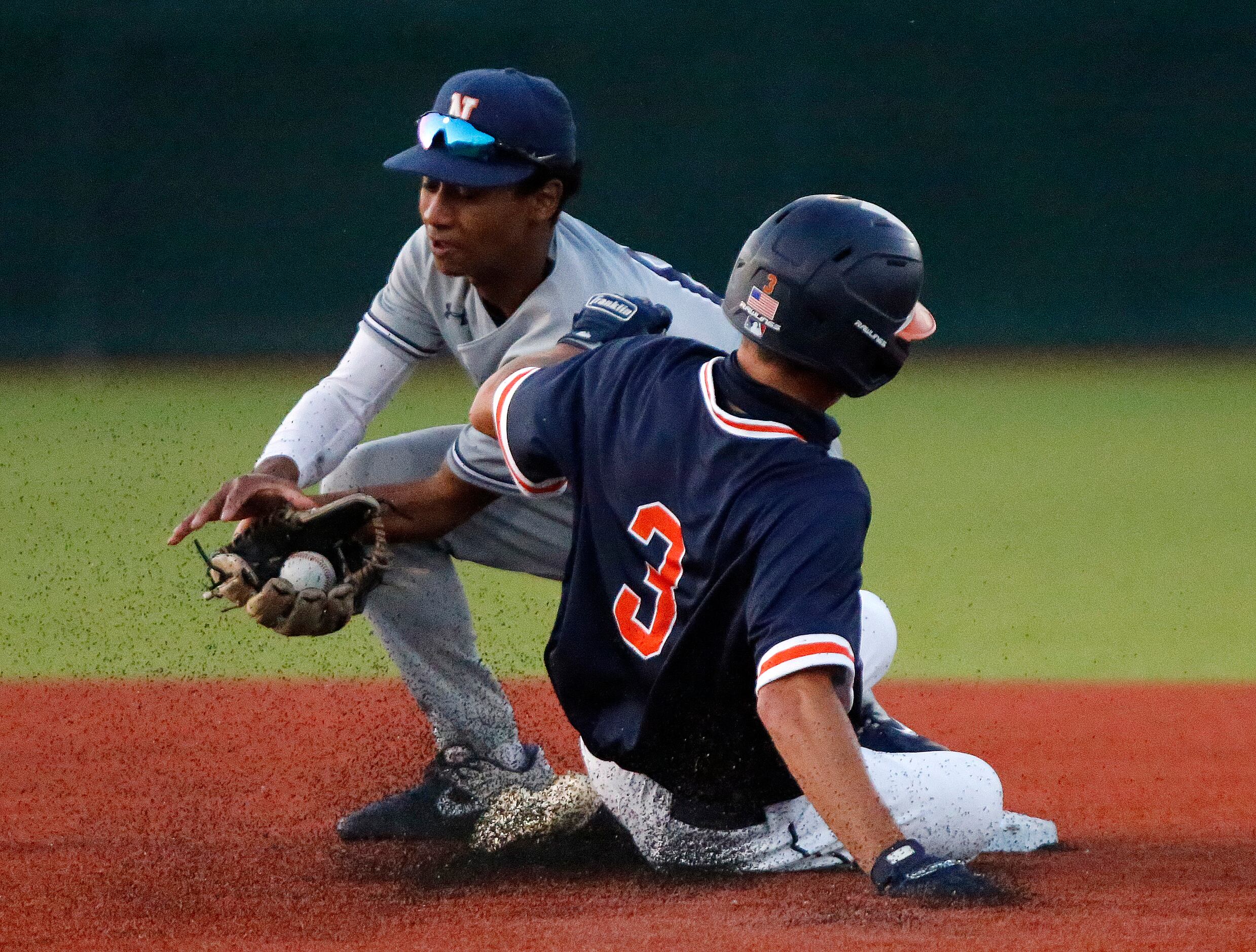 McKinney North High School second baseman Gavin Constantine (6) didn’t get the tag in time...