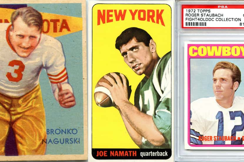 From left to right: Bronko Nagurski 1935 National Chicle, a 1965 Topps Joe Namath rookie...