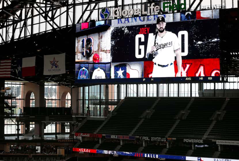 Texas Rangers outfielder Joey Gallo is pictured on the right field video board during Summer...