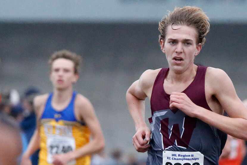 Wylie High School’s Luke Lambert nears the finish line in the boys 6A division at the Region...