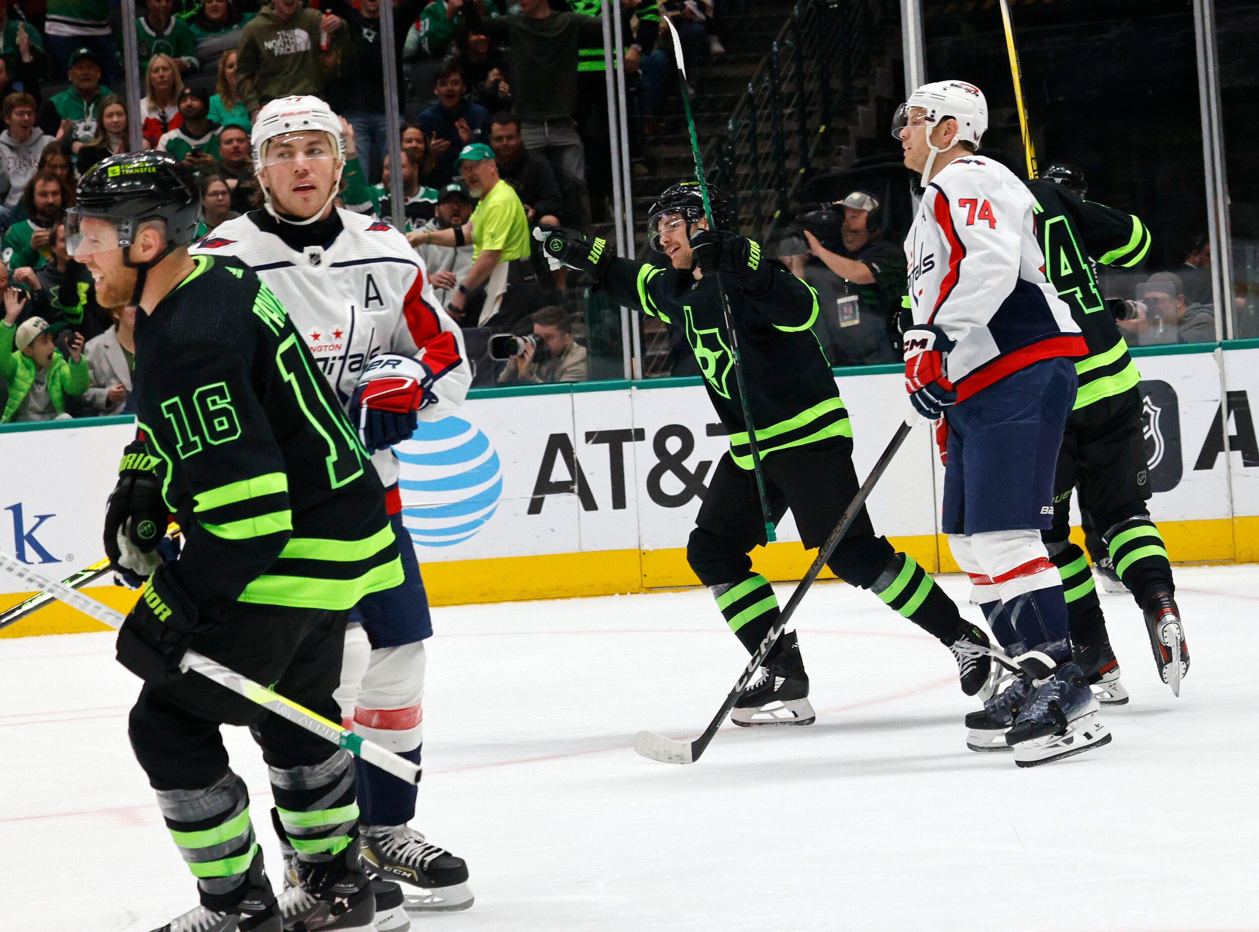 Dallas Stars defenseman Thomas Harley (55), center, celebrates aster \he scores a goal...