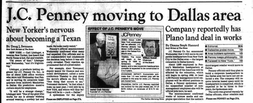 J.C. Penney moving to Dallas area, published in The Dallas Morning News April 30, 1987.