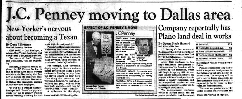 J.C. Penney moving to Dallas area, published in The Dallas Morning News April 30, 1987.