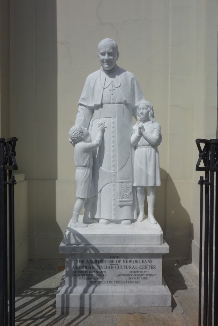 A statue of St. John Paul II was placed outside St. Louis Cathedral in New Orleans to...