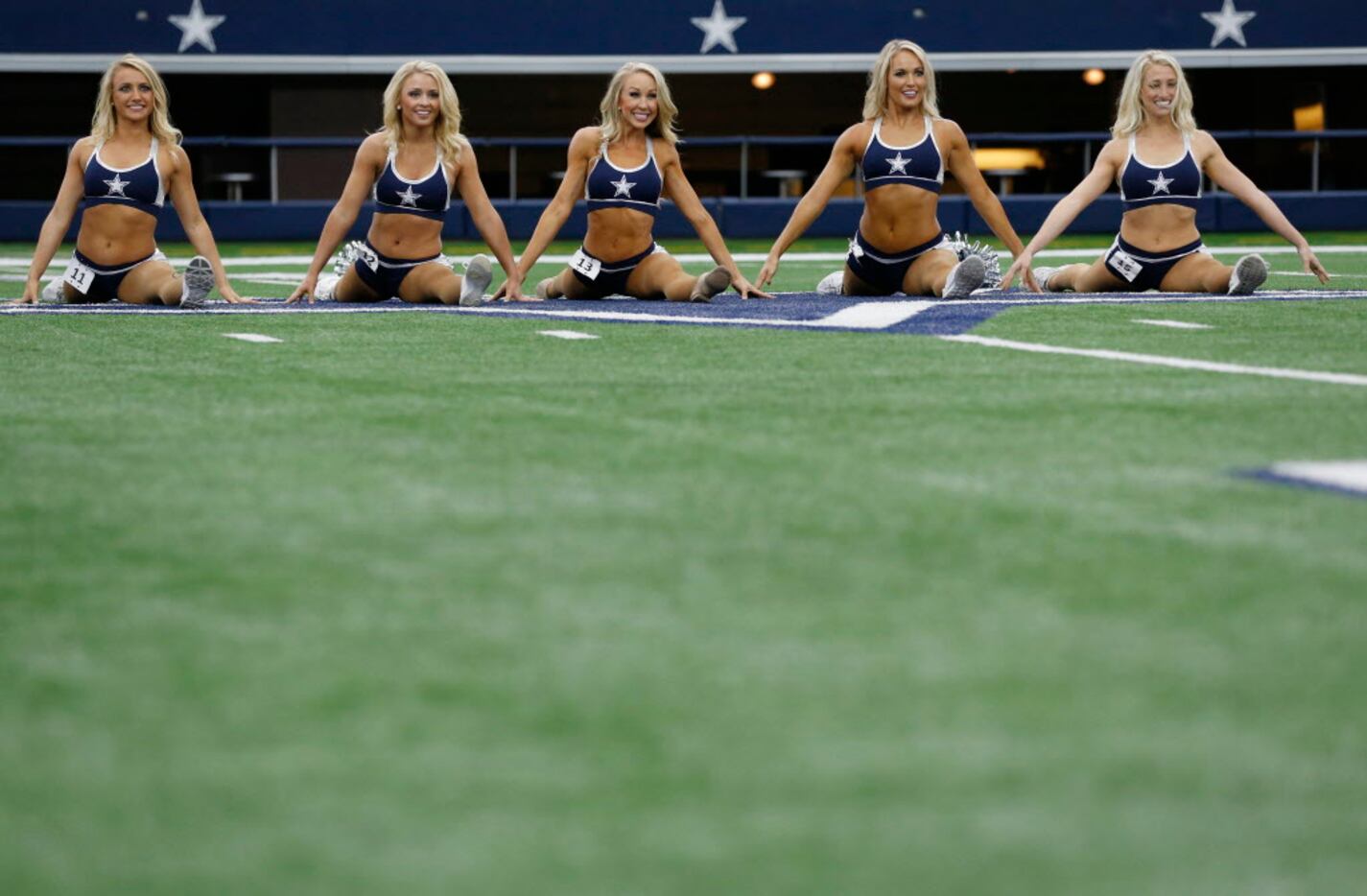 Dancers perform during the 2016 Dallas Cowboys Cheerleaders final auditions held at AT&T...