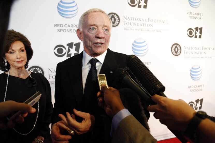Jerry Jones speaks on the red carpet during National Football Foundation Hall of Fame event...