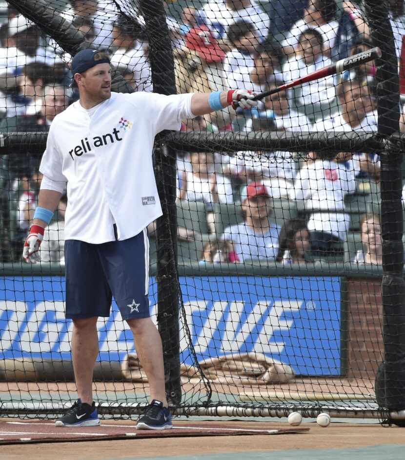 Jason Witten calls his shot during the Dallas Cowboys' Reliant Home Run Derby at Globe Life...