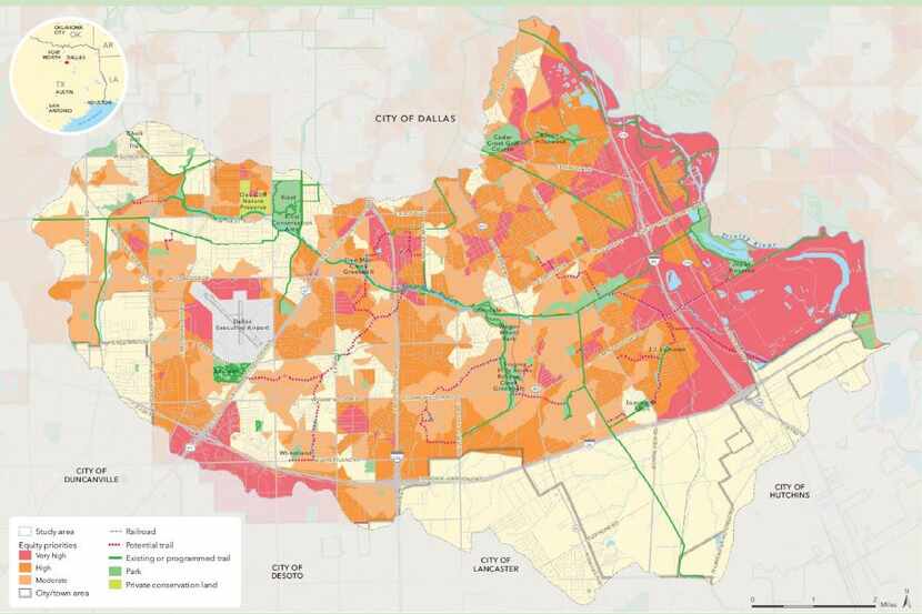A map showing opportunities in the Five Mile Creek Greenbelt in Southern Dallas. Mayor Eric...