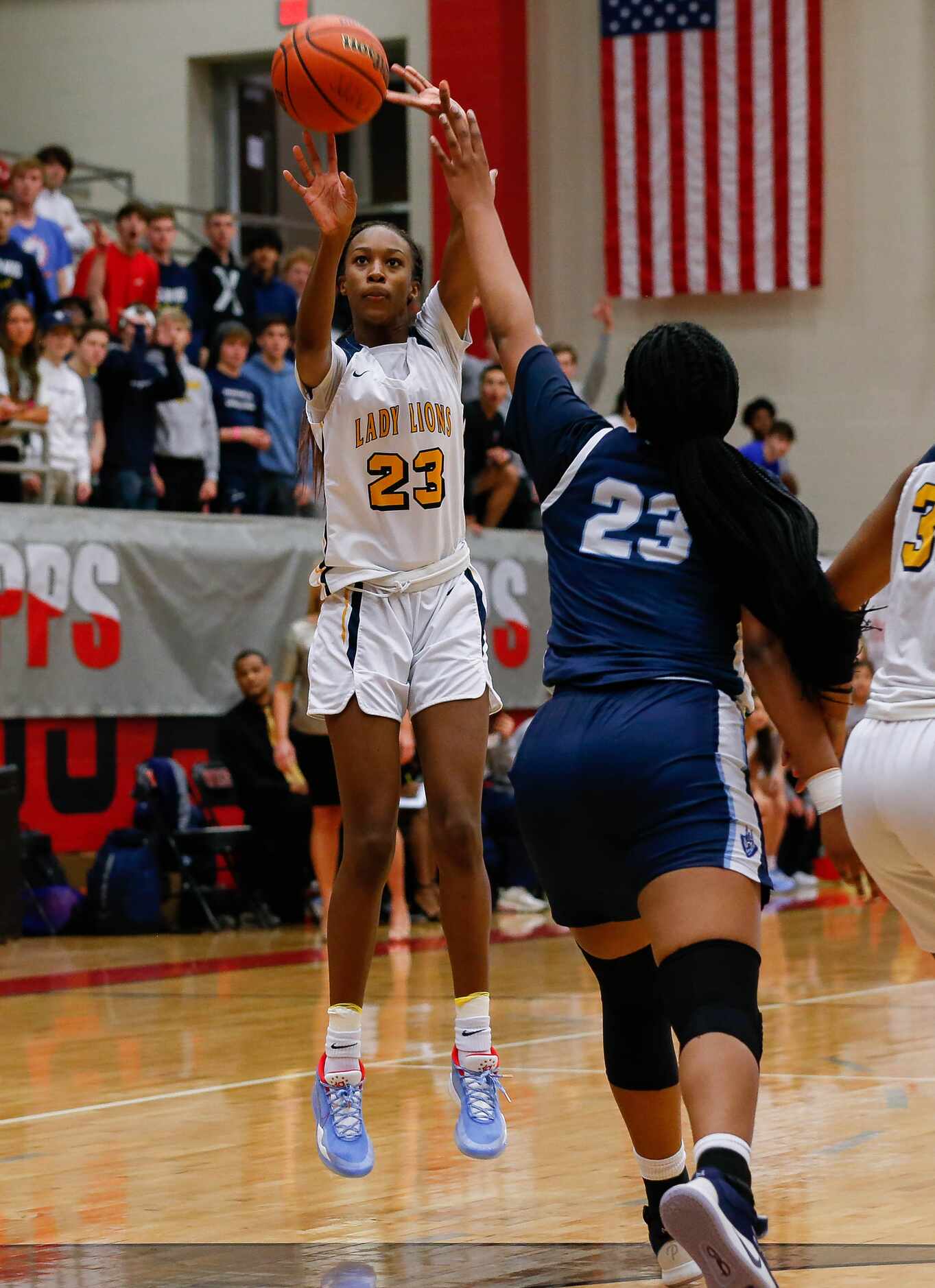 Plano Prestonwood Christian's Kiersten Johnson (23) shoots during the first half of a TAPPS...