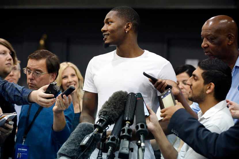 Mavericks forward Dorian Finney-Smith visited with the media at American Airlines Center in...