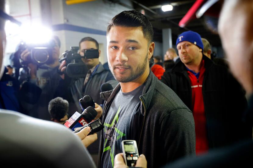 Texas Rangers catcher Isiah Kiner-Falefa speaks with the media about the upcoming Spring...