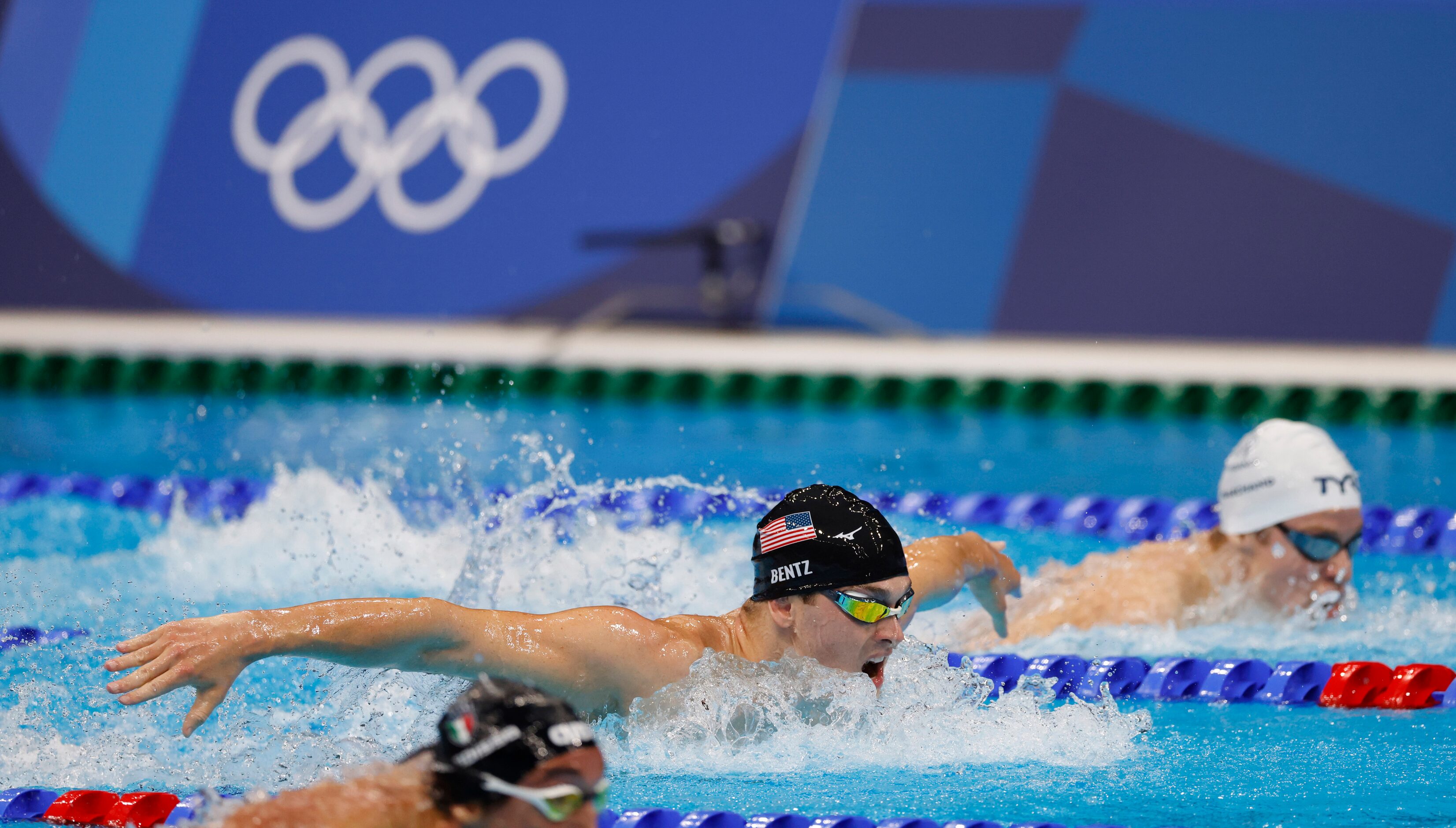 USA’s Gunnar Bentz competes in the men’s 200 meter butterfly semifinal during the postponed...