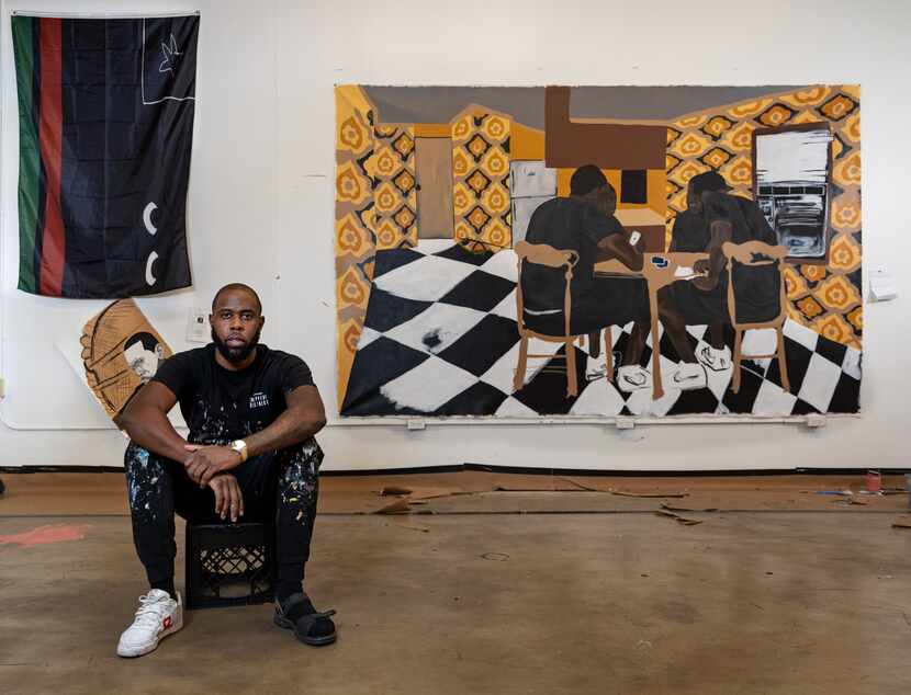 Artist Jammie Holmes photographed with his painting "Four Brown Chairs, 2020," a new...