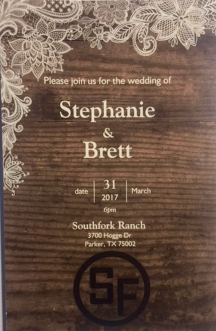 The invitation to Hoskins and Joseph's planned wedding at Southfork Ranch.