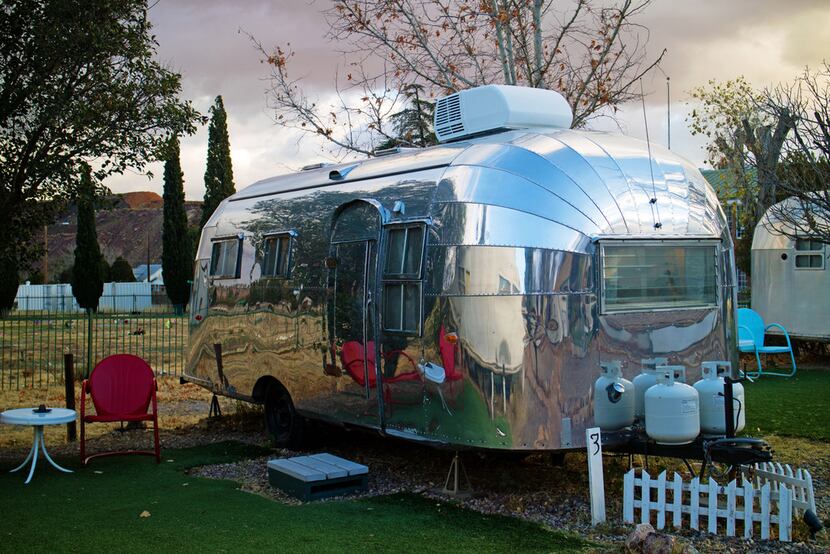 A 22-foot-long 1955 Airstream is one of 12 vintage travel trailers at the Shady Dell Vintage...