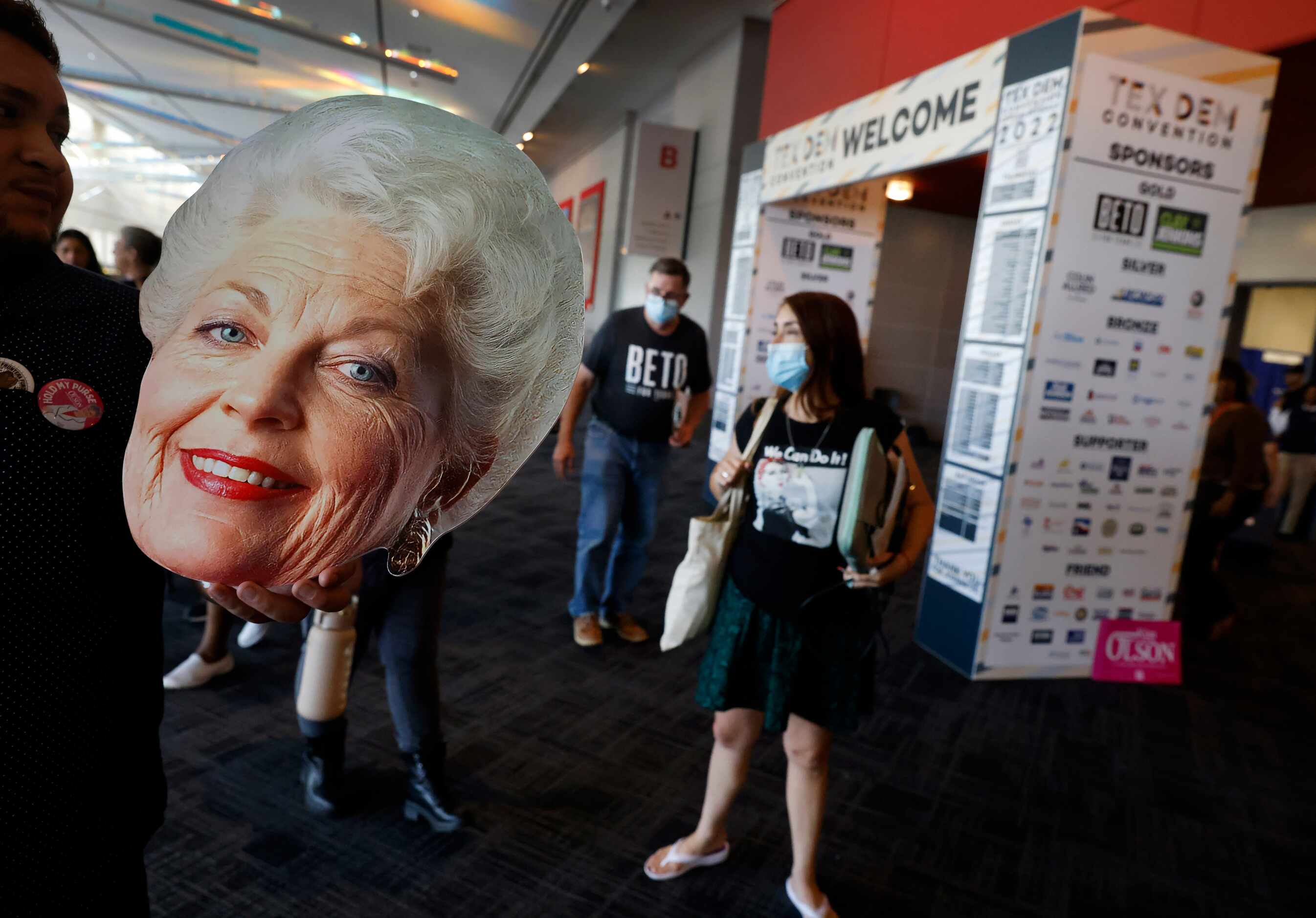 Reyes Garcia of Edinburg, Texas waves a cutout of former Texas Governor Ann Richards as he...