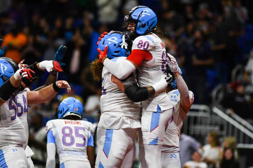 Arlington Renegade’s Sal Cannella #80 celebrates after scoring a touchdown during the first...