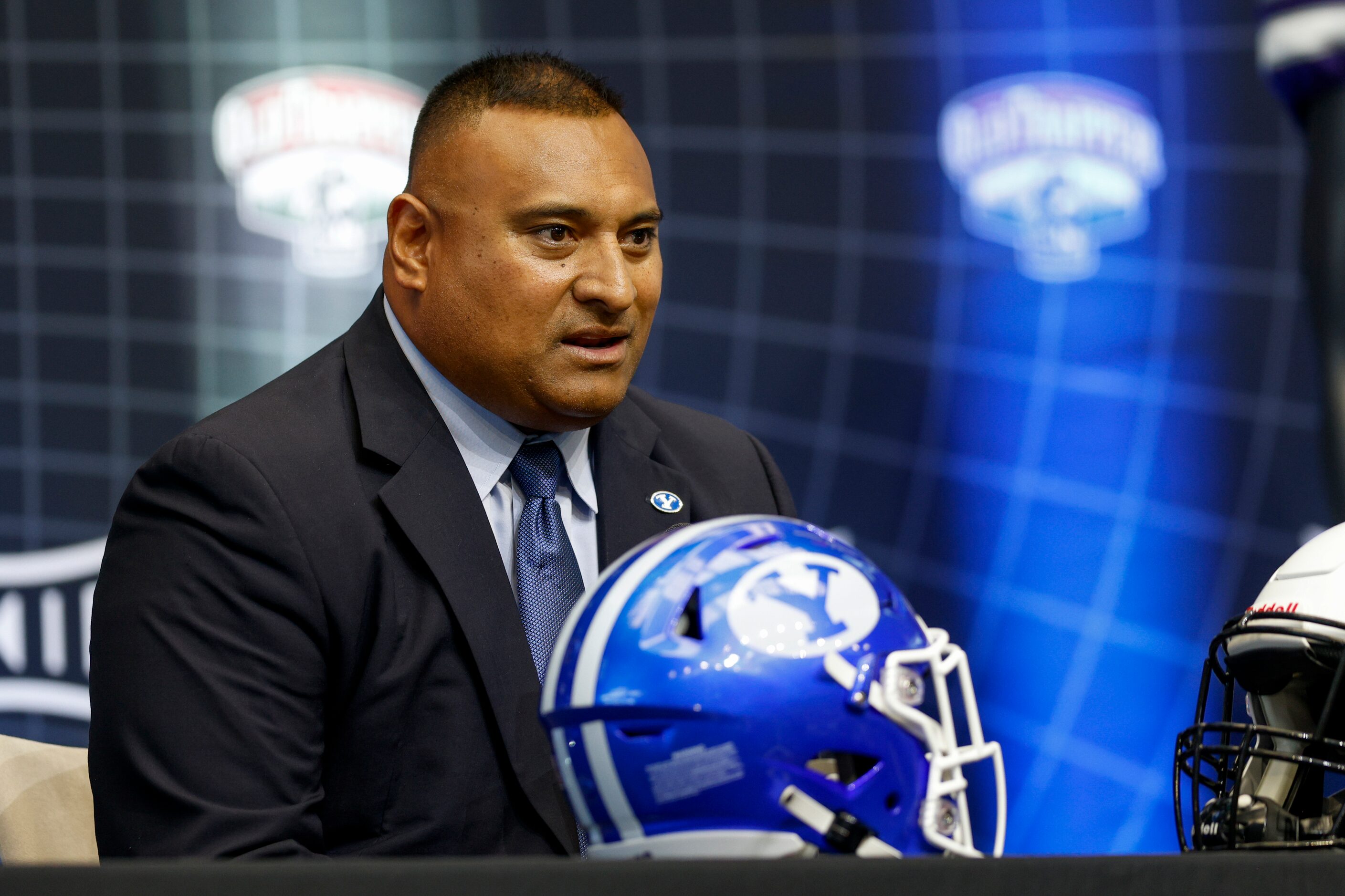 BYU head coach Kalani Sitake speaks during the Big 12 Media Days at AT&T Stadium, Wednesday,...