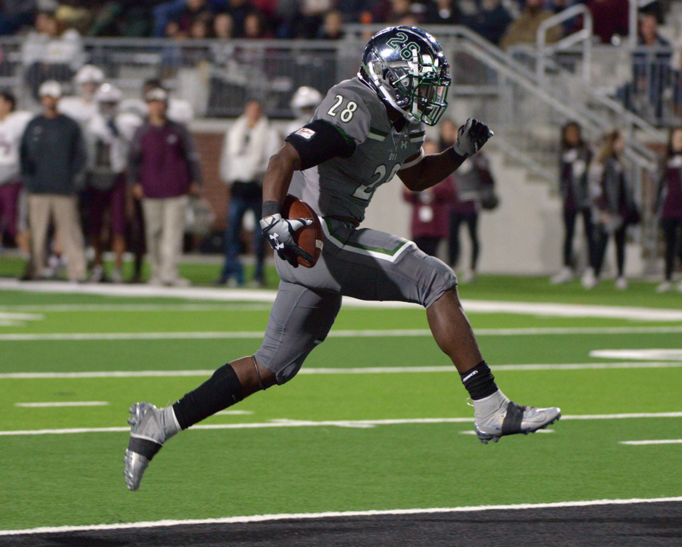 Prosper's JT Lane (28) runs into the endzone for a first half touchdown during a high school...