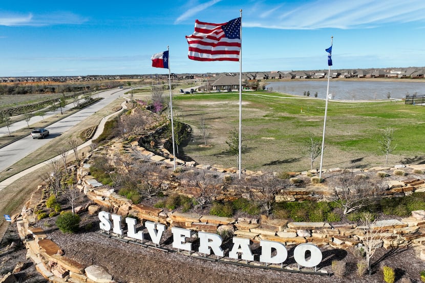 Aerial view of an entrance to the Silverado community in Aubrey.