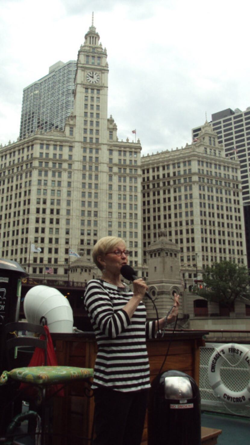 Leslie Lewis, a docent for the Chicago Architecture Foundation, describes the Wrigley...