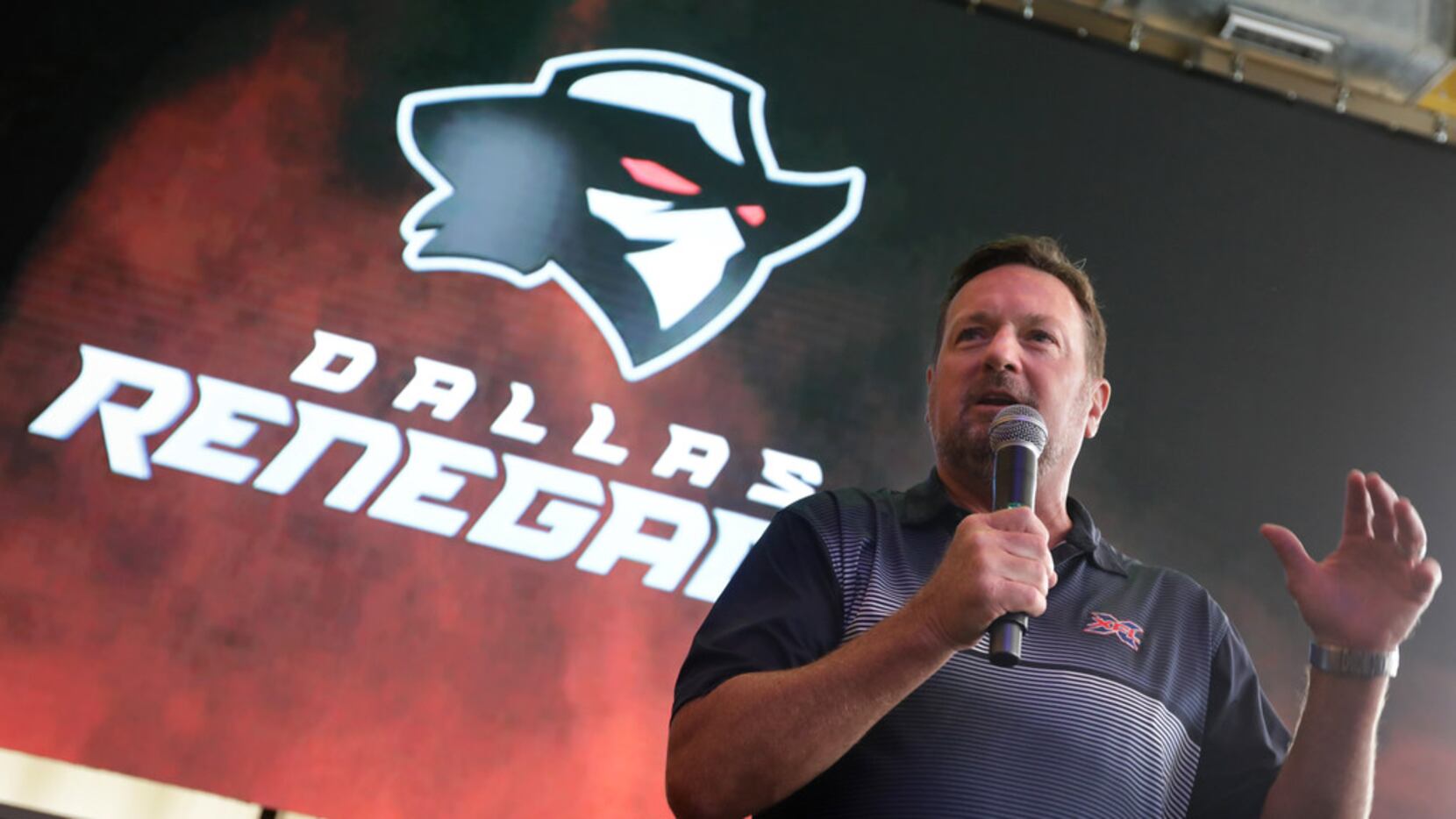 XFL Dallas Renegades head coach Bob Stoops speaks during a press conference at Hero in...