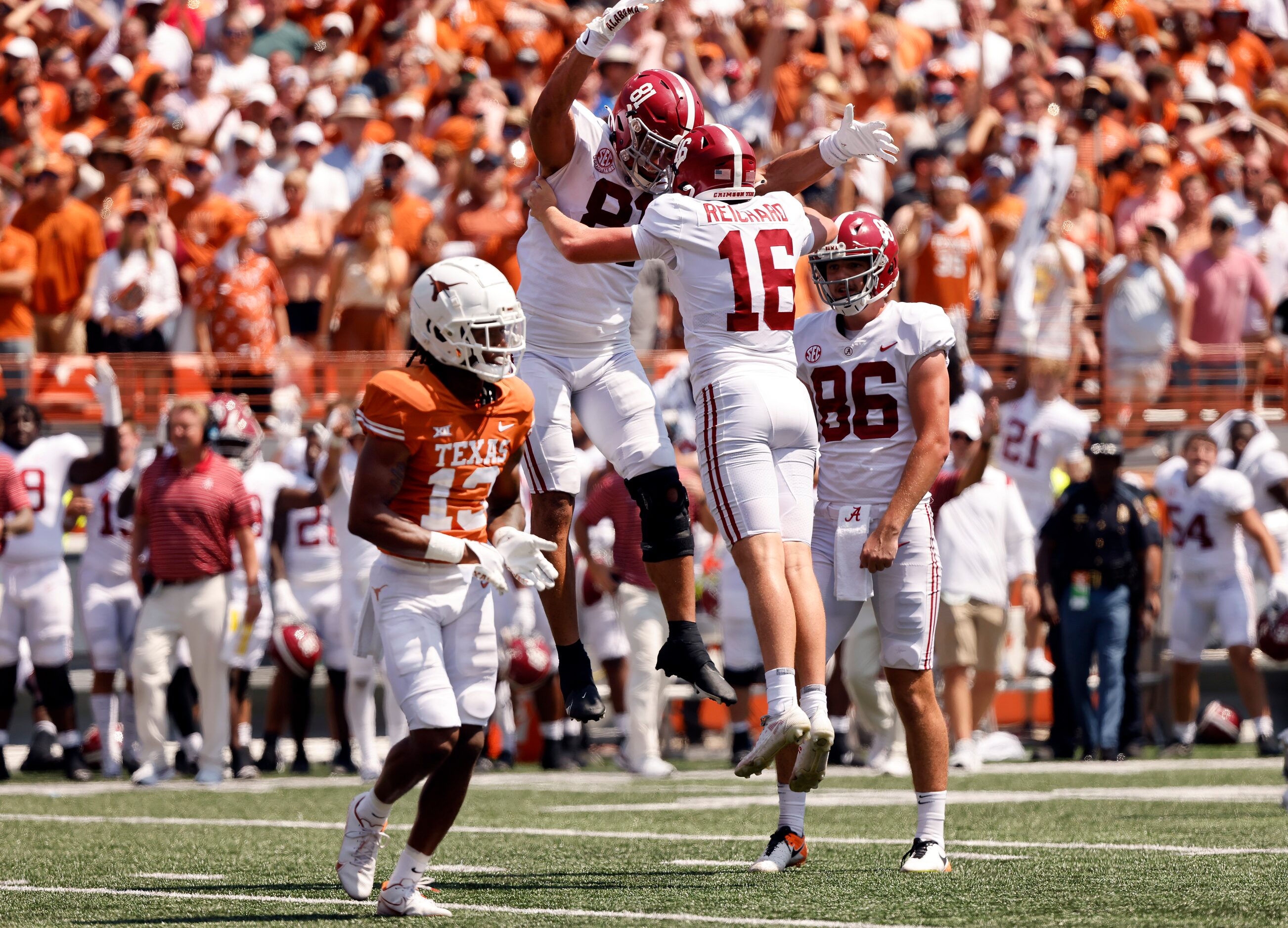 Alabama Crimson Tide tight end Cameron Latu (81) congratulates place kicker Will Reichard...