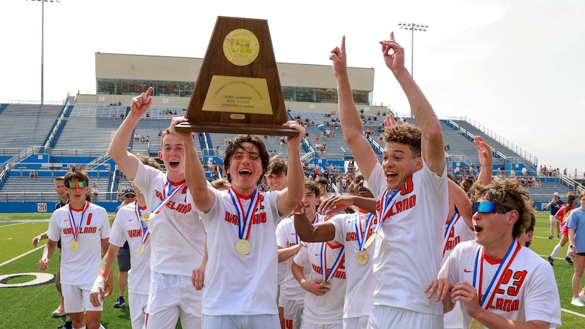 Frisco Wakeland forward Brennan Bezdek raised the Class 5A boys soccer state championship...