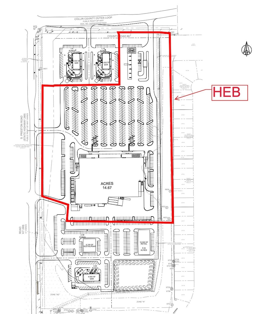 H-E-B will occupy about half the site with the rest used for additional retail.