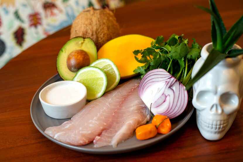 The ingredients for Anastacia Quiñones favorite ceviche recipe: coconut, coconut milk, lime,...