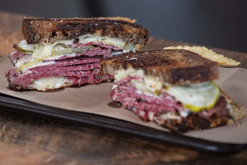 Meat & Patience Pastrami with marble rye, horseradish pickles, Swiss cheese and whole grain...