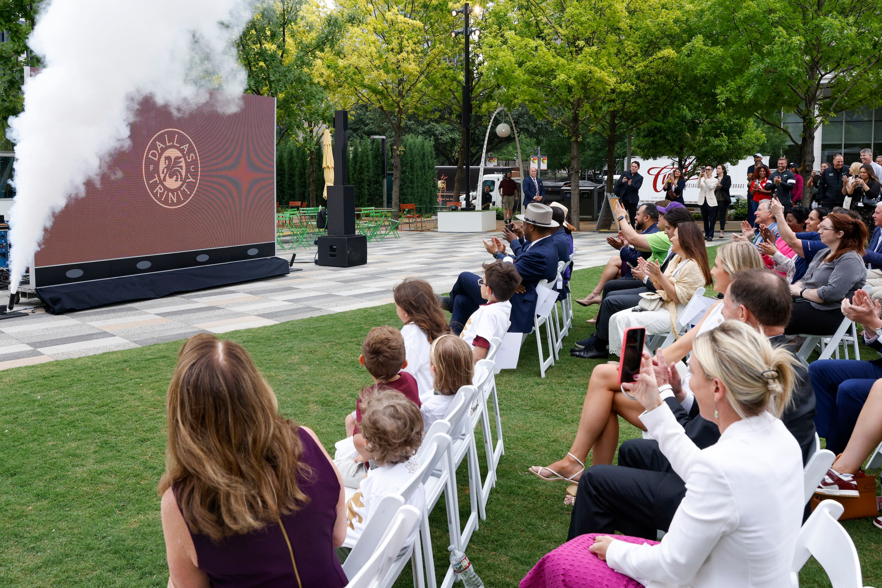 People cheer as Dallas Trinity FC is announced as the name of the new Dallas USL Super...