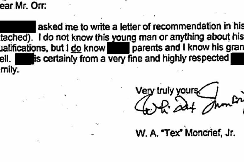  A recommendation letter sent by W.A. "Tex" Moncrief Jr.