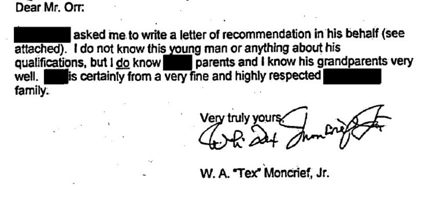  A recommendation letter sent by W.A. "Tex" Moncrief Jr.