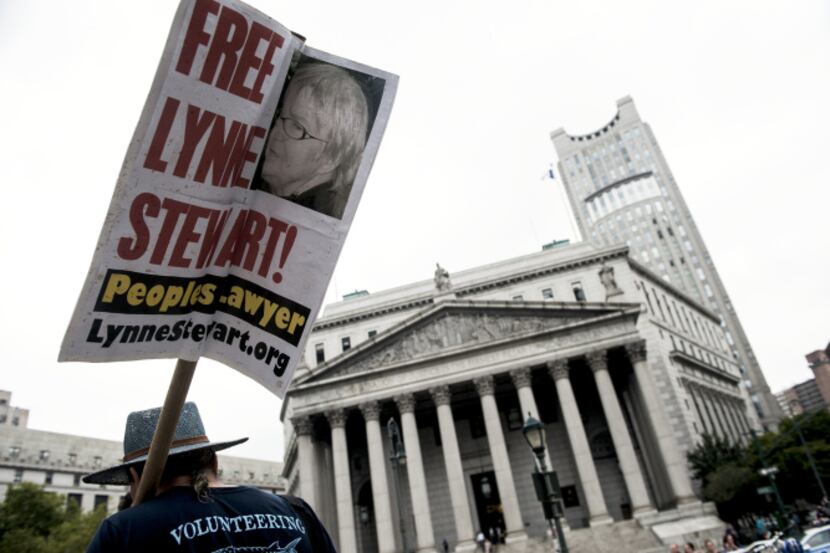 A protester in New York calls for the release of Lynne Stewart from a Fort Worth federal...