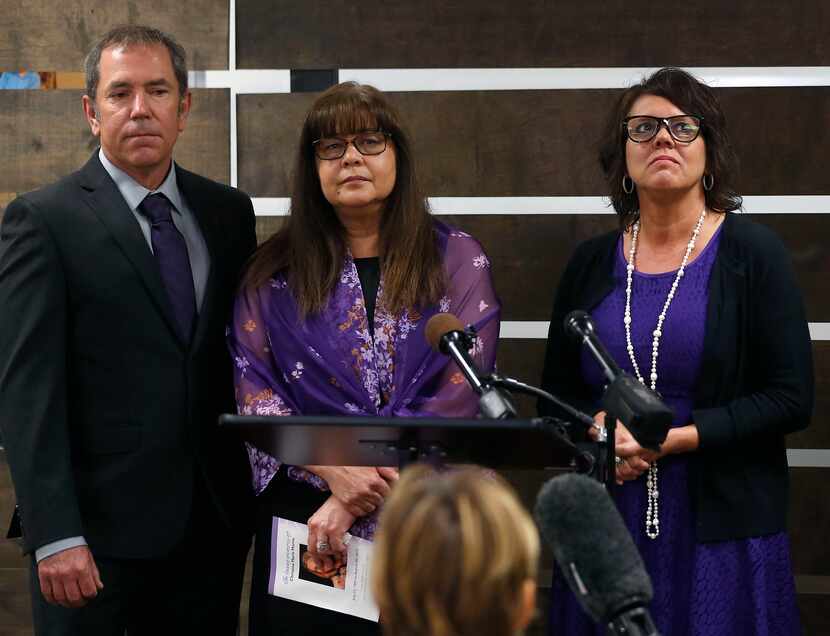 From left: Mark Morris, Anna Morris and Jonni Hare attend a news conference before the...