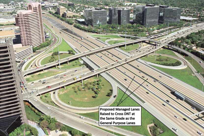 A computer rendering shows the area near the Dallas North Tollway and Interstate 635. Tolls...