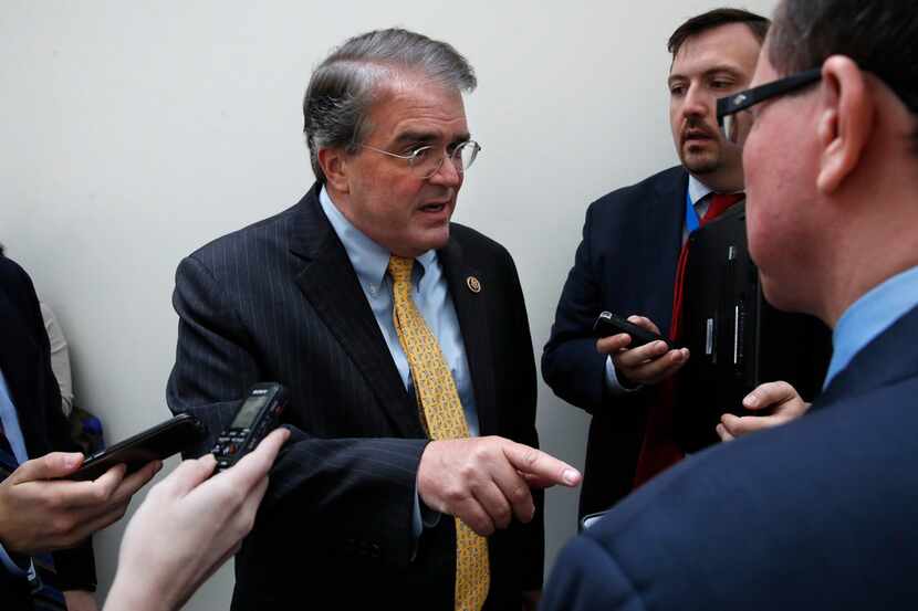 Rep. John Culberson, R-Texas, left, spoke to reporters about Harvey relief efforts after a...