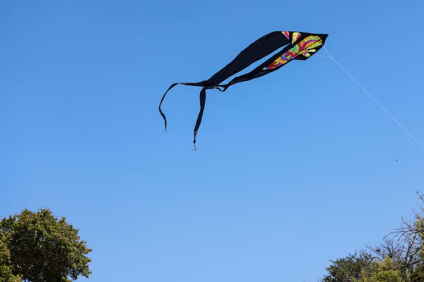 A kite catches wind at Oak Cliff’s Earth Day, Sunday, April, 3, 2022 in Dallas, Texas. Green...