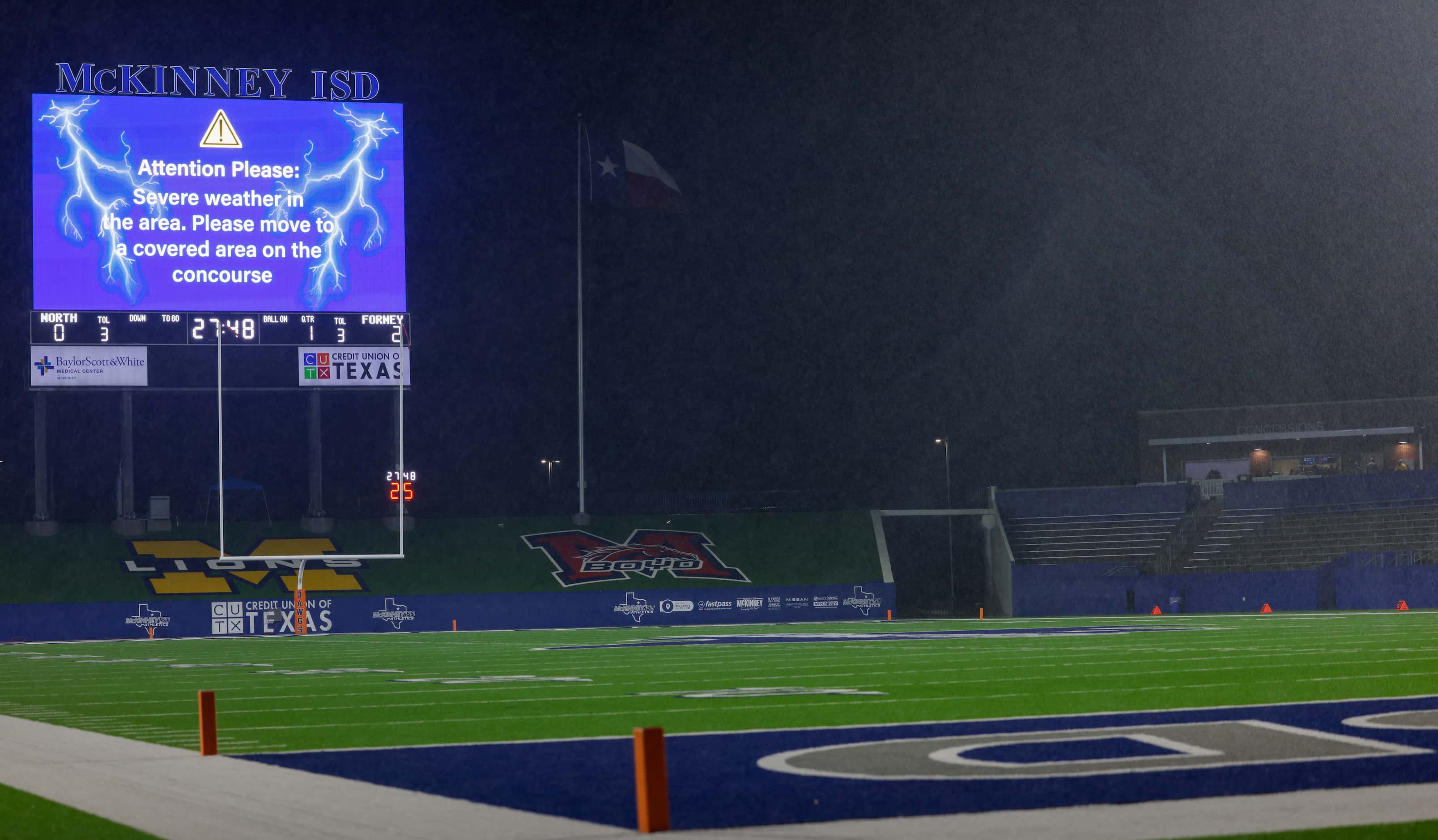 Weather delays stall the game between Forney and McKinney North at the McKinney ISD Stadium...