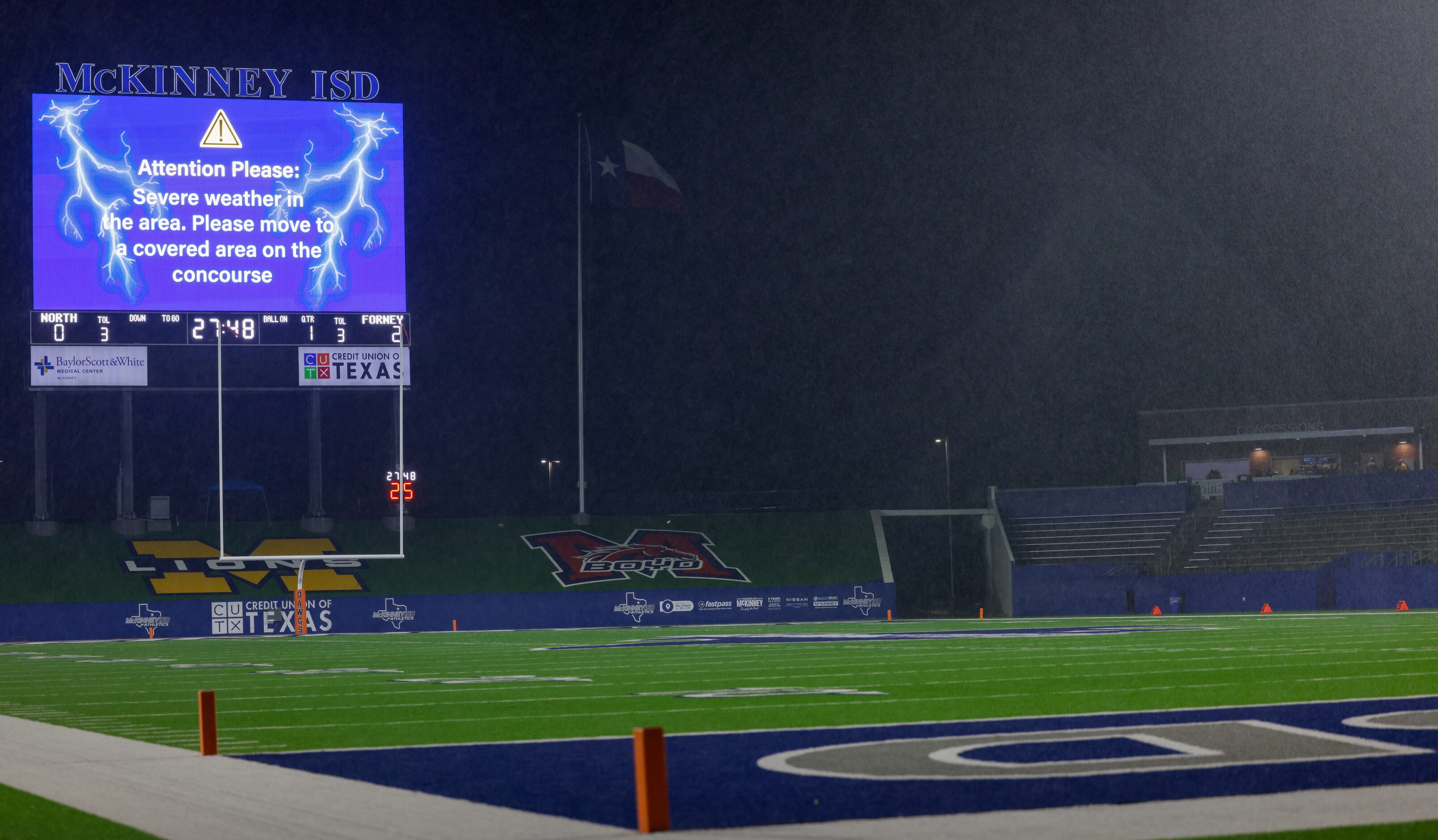 Weather delays stall the game between Forney and McKinney North at the McKinney ISD Stadium...