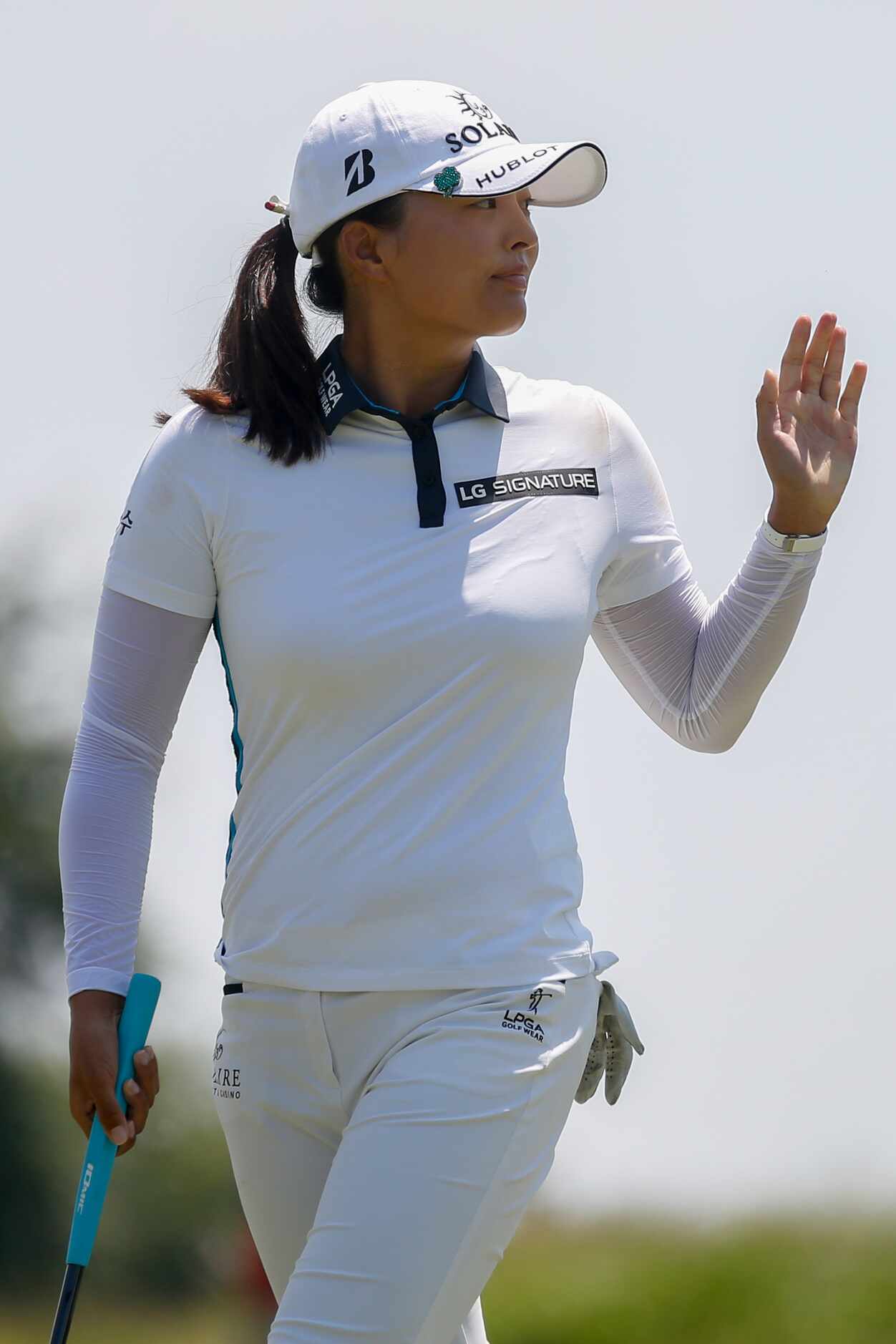 Professional golfer Jin Young Ko waves to the crowd after making birdie on the No. 4 during...