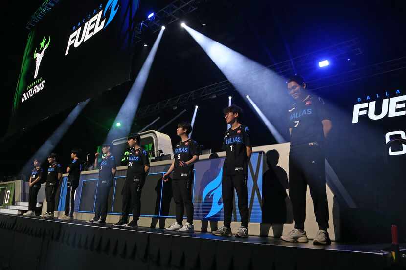 Dallas Fuel team after being introduced. Dallas fuel vs. Houston Outlaws Overwatch League...