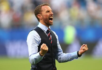 SAMARA, RUSSIA - JULY 07:  Gareth Southgate, Manager of England celebrates following victory...