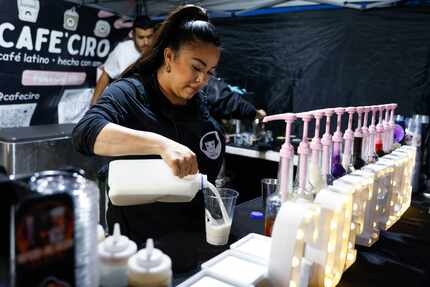 Britany Güereca, founder of Cafe Ciro, makes coffees in the parking lot of Tire Pro along S....
