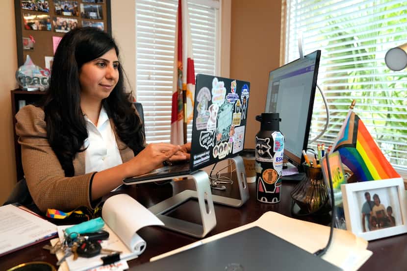 Florida state Rep. Anna Eskamani works in her office in Orlando, Fla., on Wednesday, March...