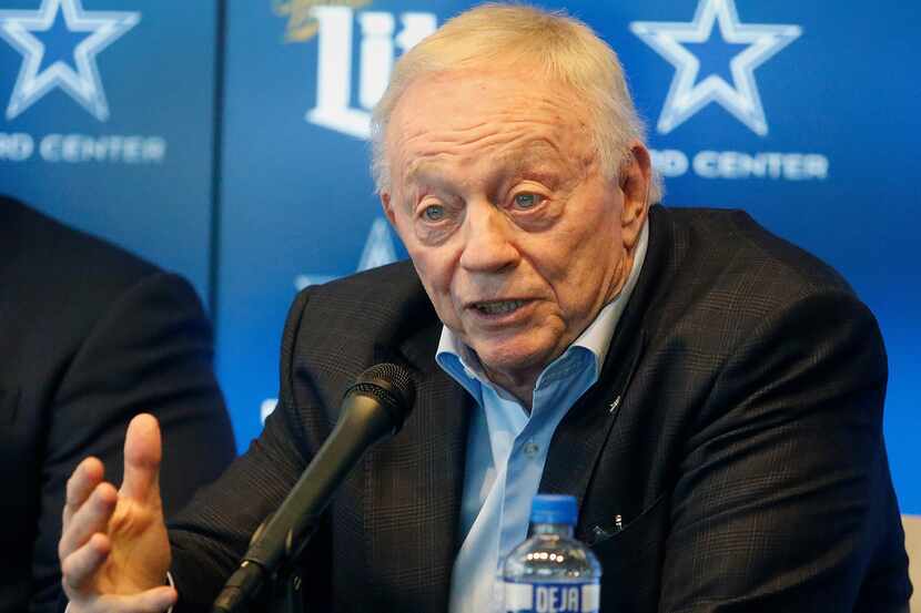Jerry Jones addresses the media as the Dallas Cowboys held their annual pre-draft news...