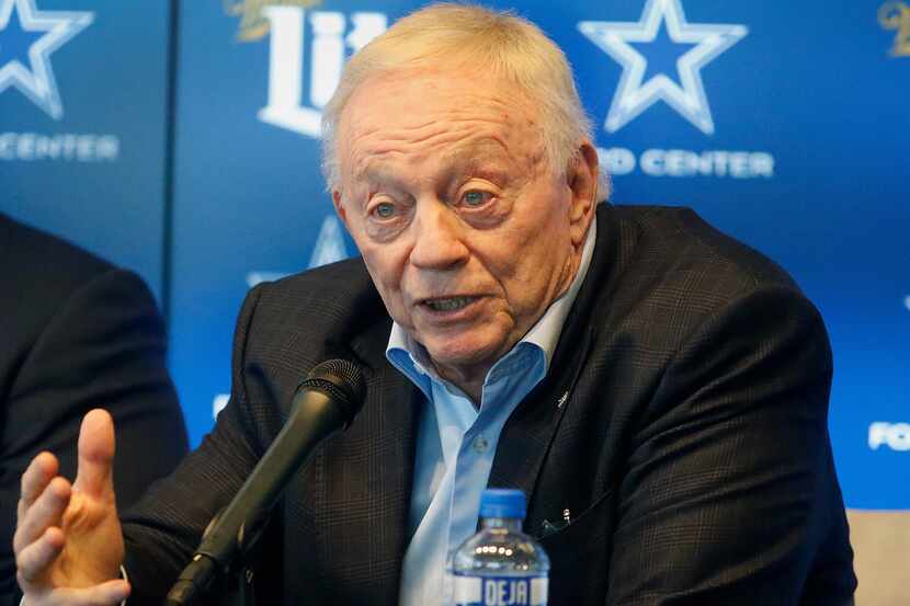 Jerry Jones addresses the media as the Dallas Cowboys held their annual pre-draft news...