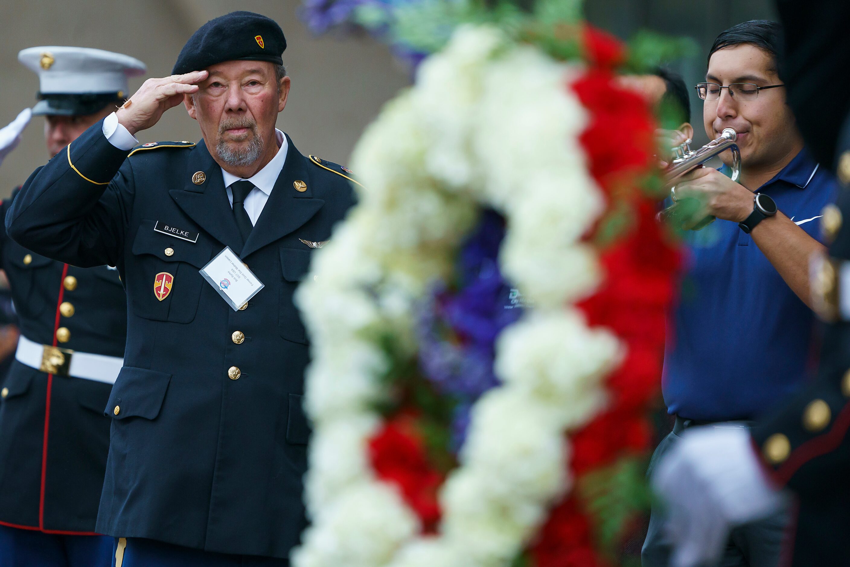 Sgt. Bob Bjelke salutes a wreath during the playing of Taps during an 11th hour ceremony at...