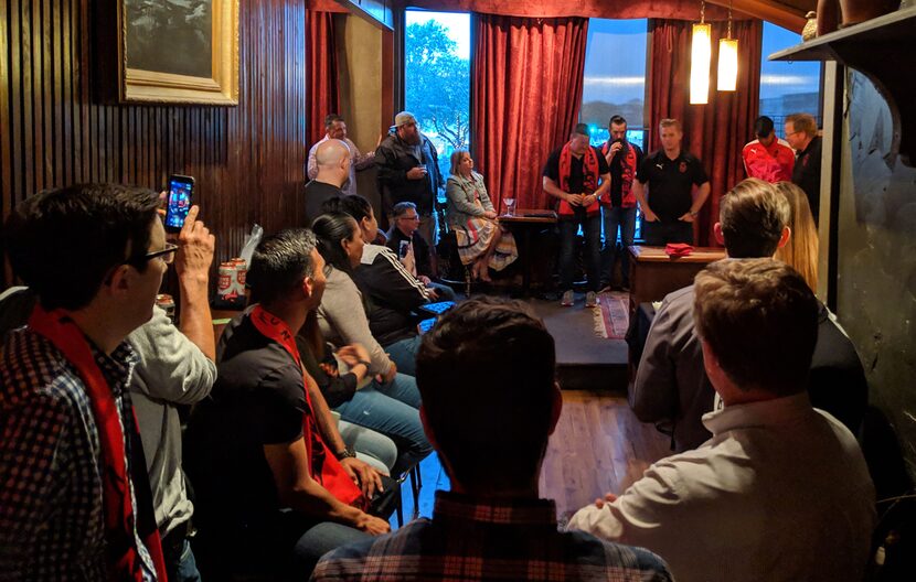 Denton Diablos coach Chad Rakestraw (black Diablos polo on stage) address the crowd. (4-24-19)